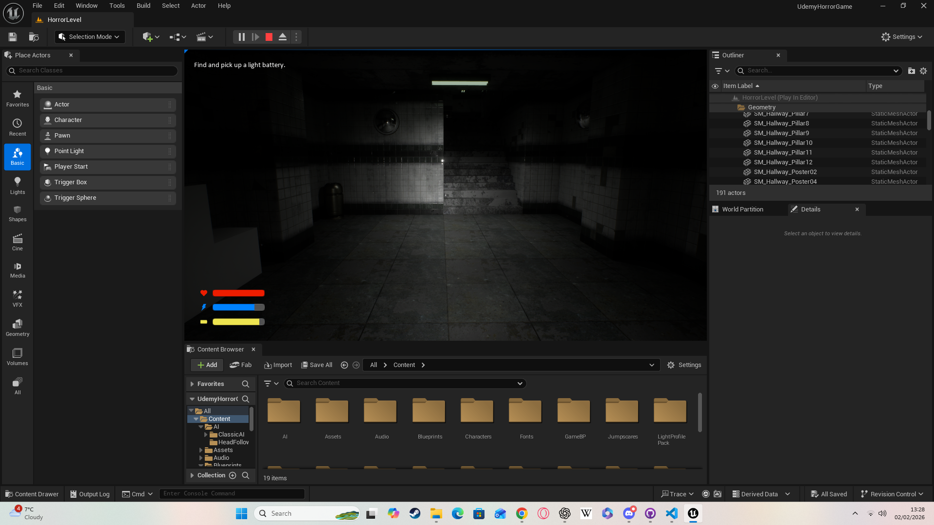 Gameplay screenshot: Flashlight with Battery and Stamina Bars Low